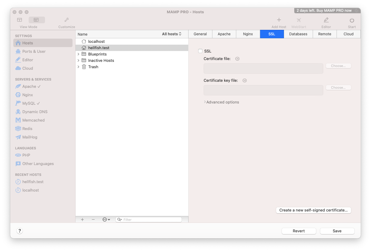 MAMP Pro local host SSL settings.