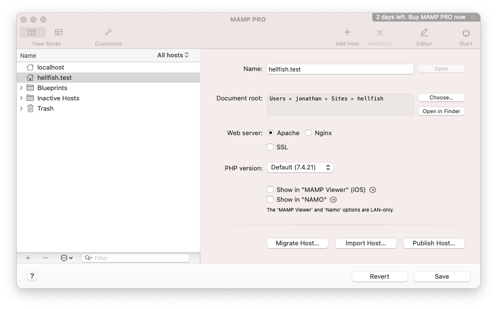 MAMP Pro local host settings.
