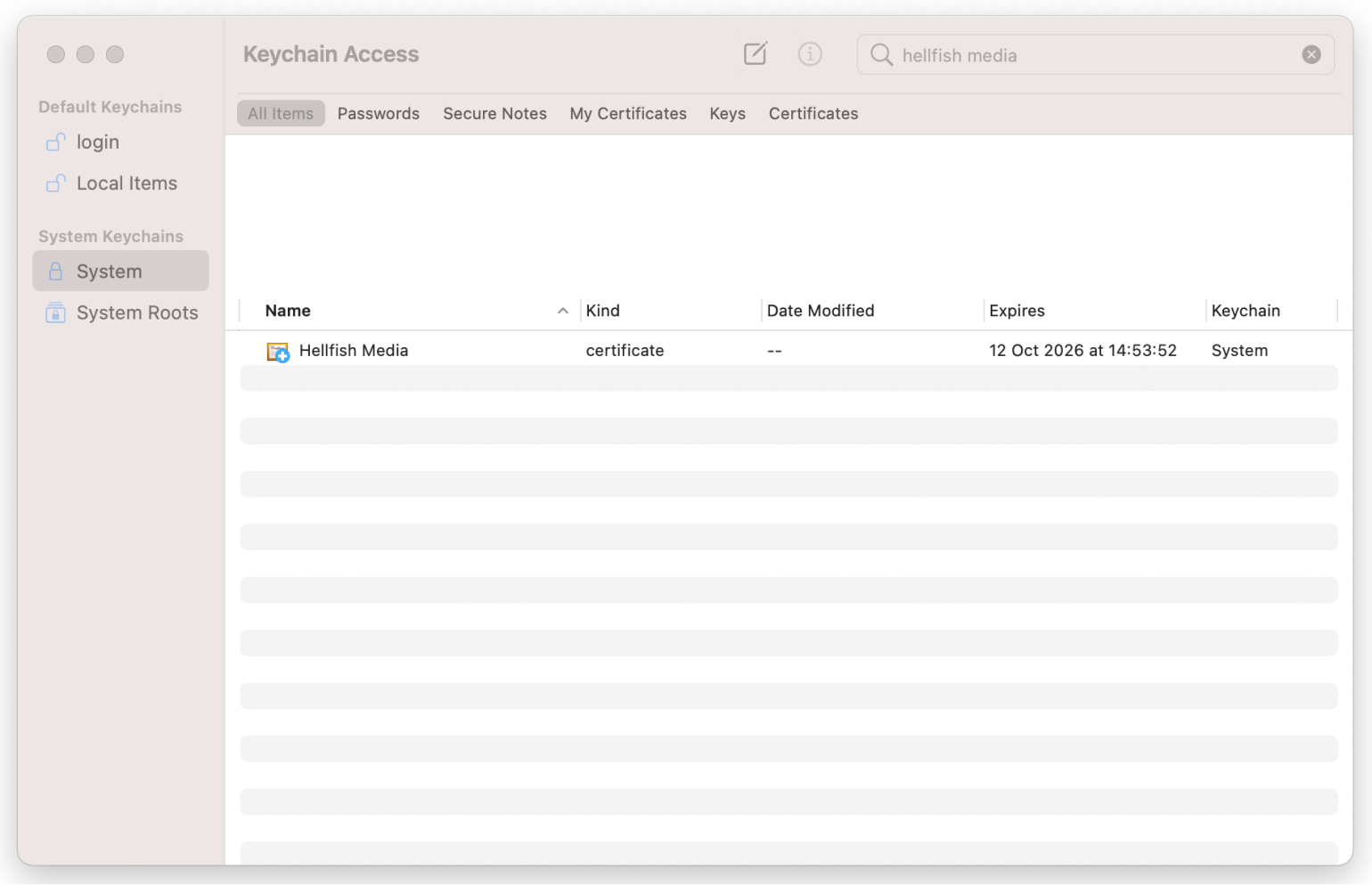 Searching for the certificate in System Keychain.